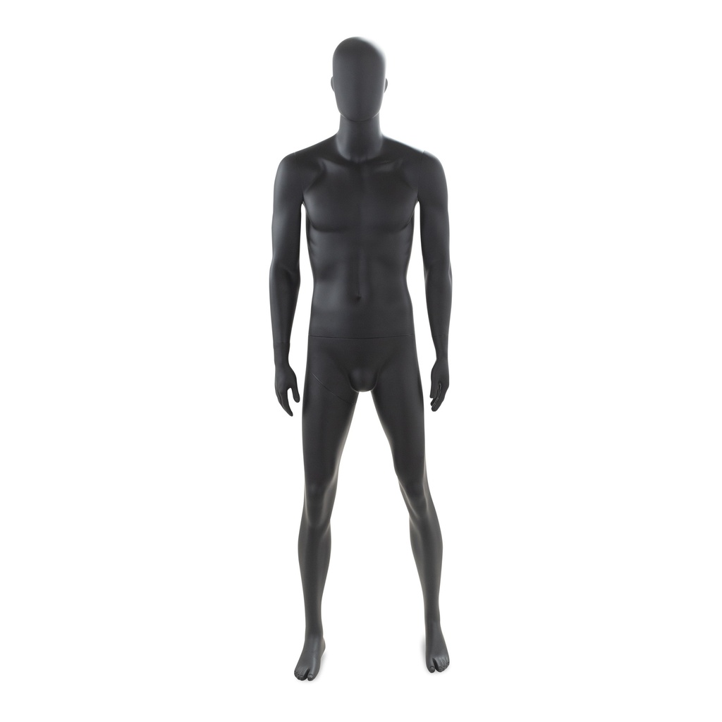 BINK - Schwarze Herren Schaufensterpuppe, mit abstraktem Kopf, runde Glasplatte, Pose 24