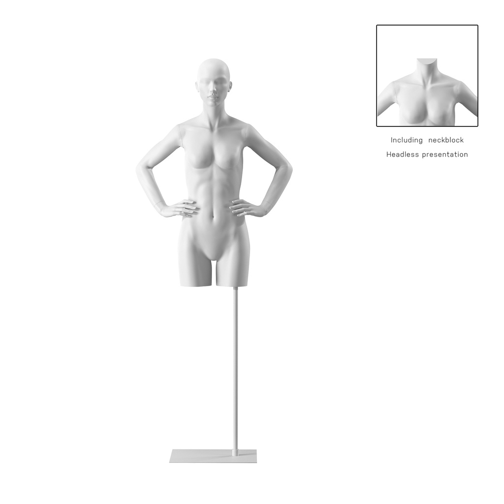BINK - Witte damestorso met armen, abstract hoofd, witte lange sokkel, pose 003