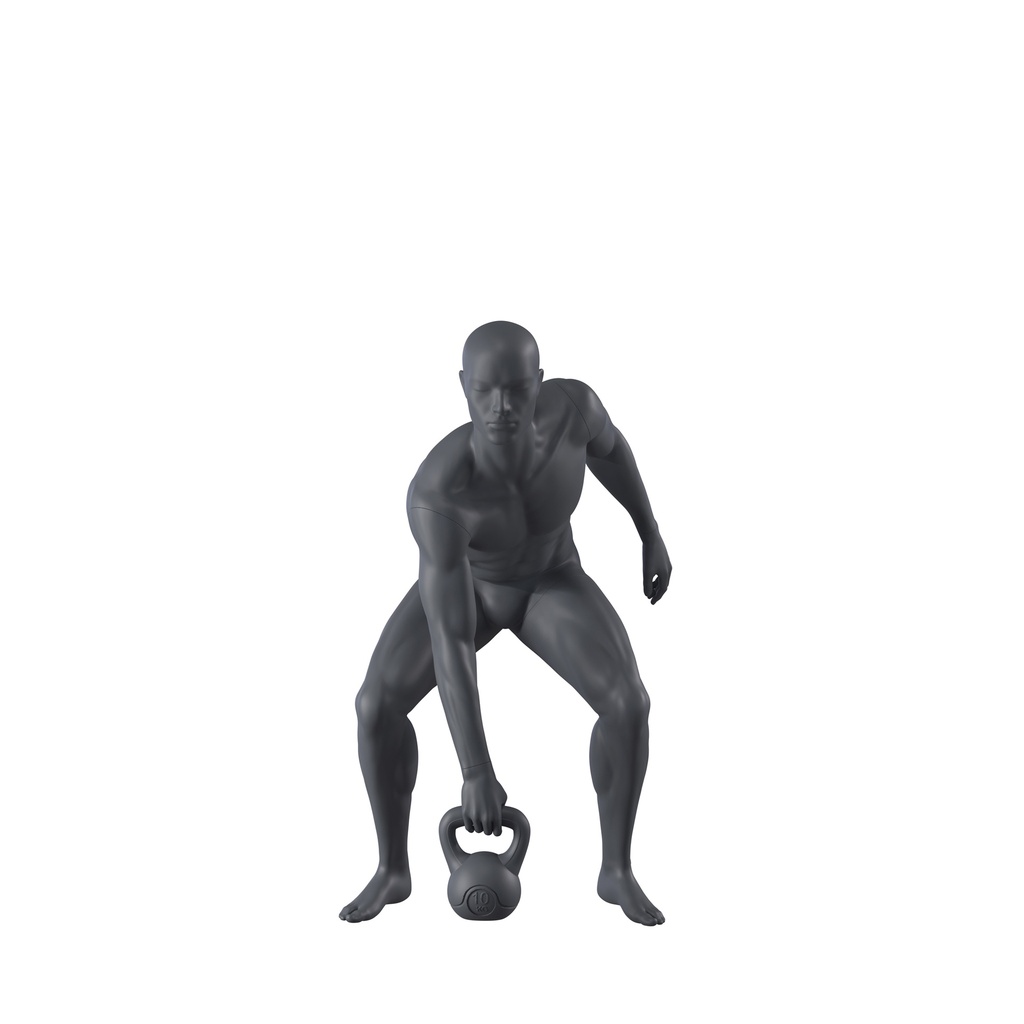 BINK - Kettlebell fitness sport mannequin, male, graphite grey, stylised head, standing pose 315 