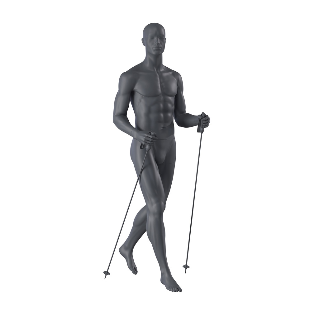 BINK - Trekking-Sport-Herren-Schaufensterpuppe, graphitgrau, stilisierter Kopf, stehende Pose 360