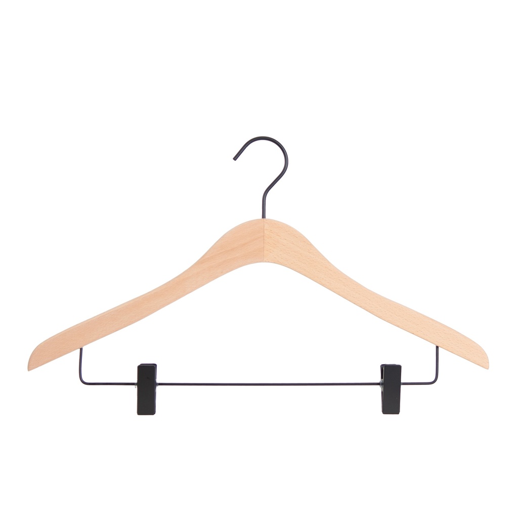 BINK - Beechwood clothes hanger with clips, 44 cm wide, black hook and clips- box of 50 pieces
