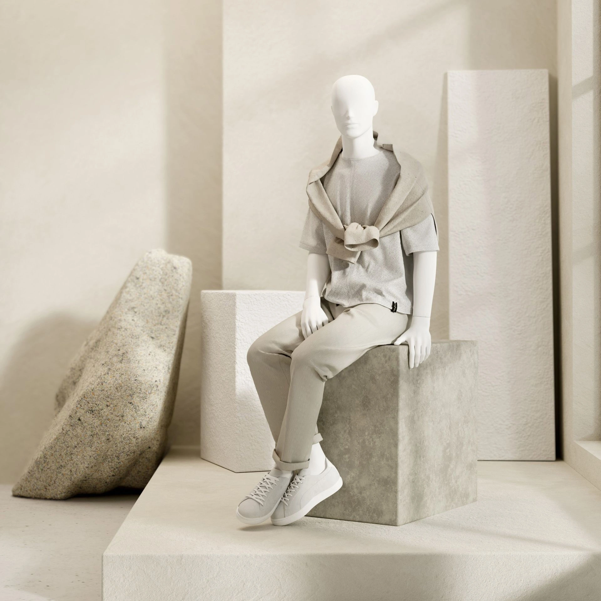 BINK - Basic male window mannequin, semi-abstract head, round tempered glass base, soft clay matt, pose 107
