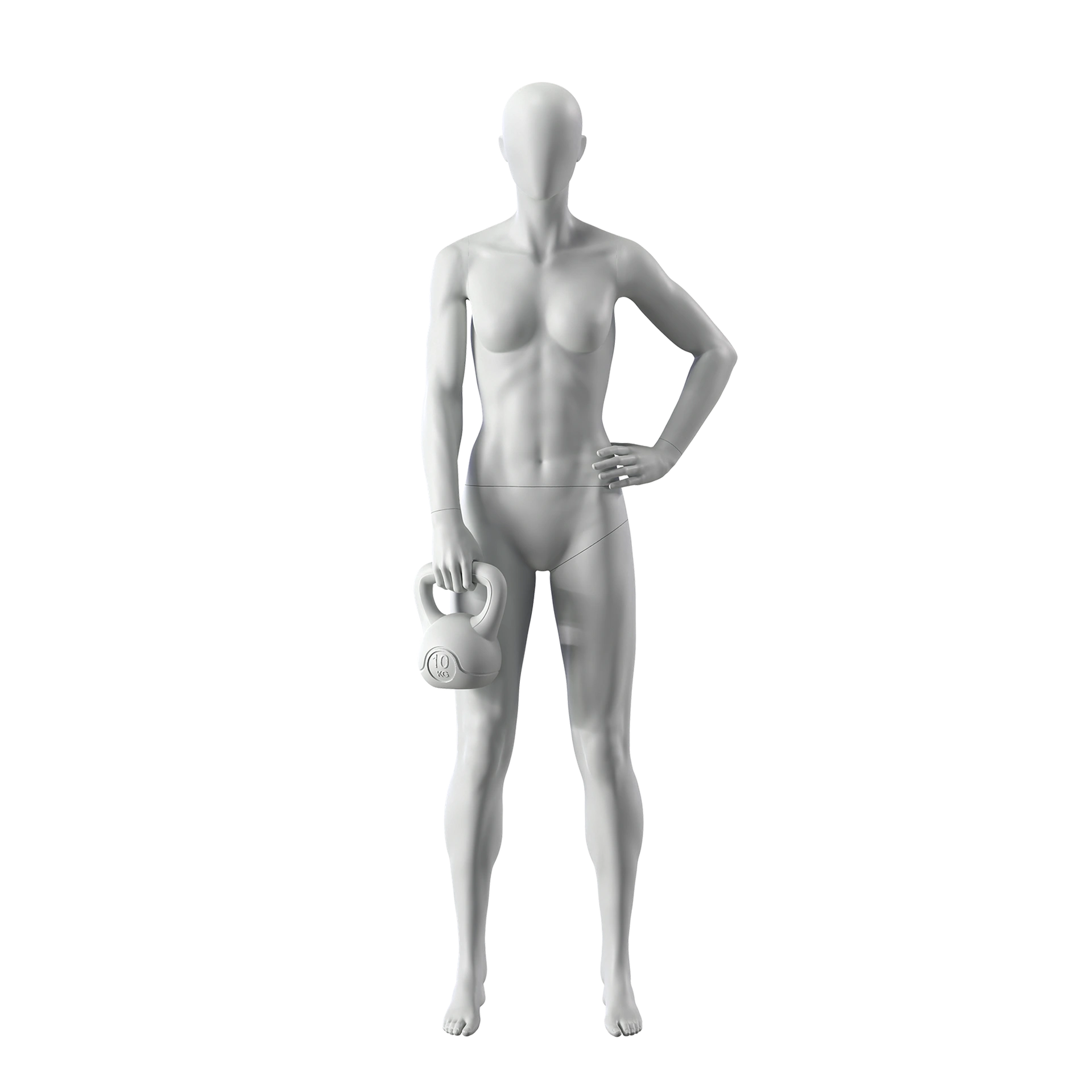 BINK - Mannequin sportif de fitness kettlebell, femme, gris, tête abstraite, pose debout 11