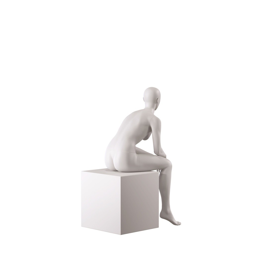 BINK - Basic female window mannequin, semi-abstract head, round tempered glass base, soft clay matt, pose 010