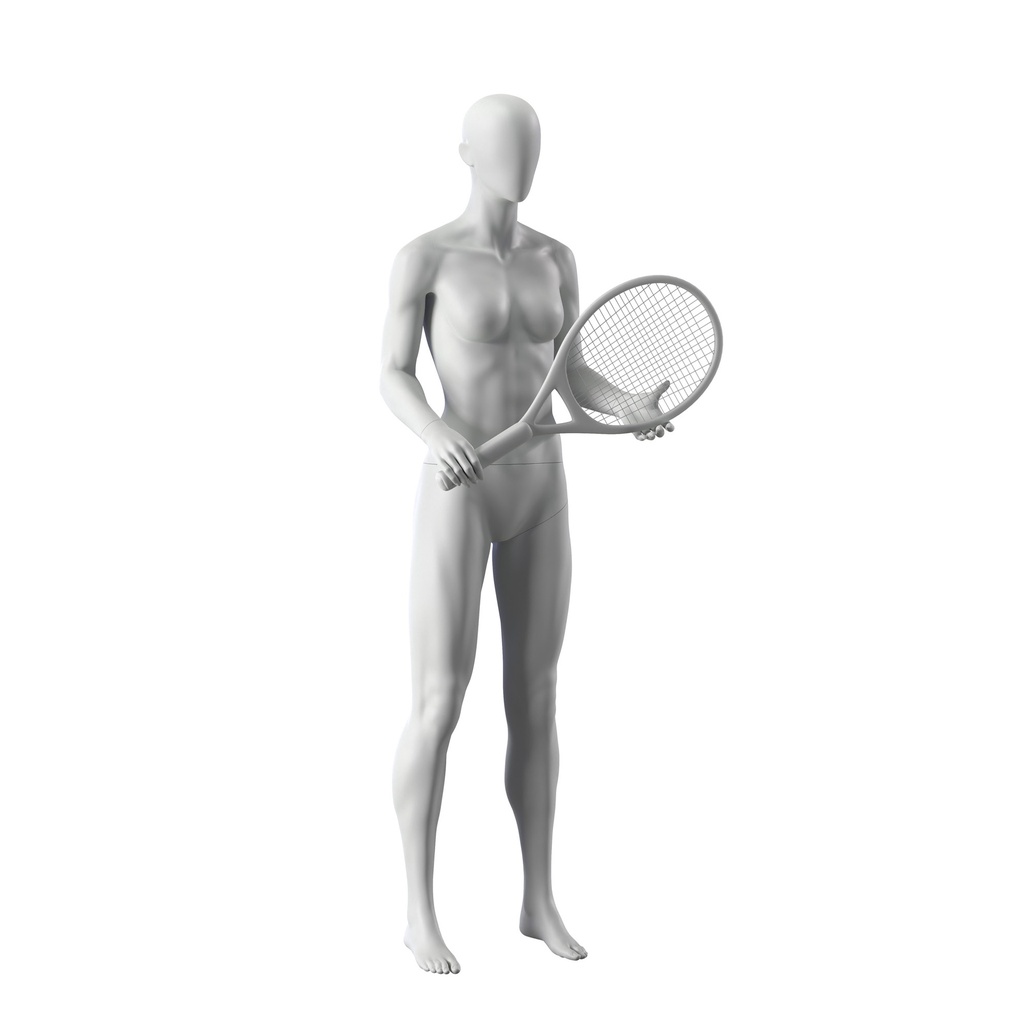 BINK - Maniquí de deporte tenis, mujer, gris, cabeza abstracta, postura de pie 02
