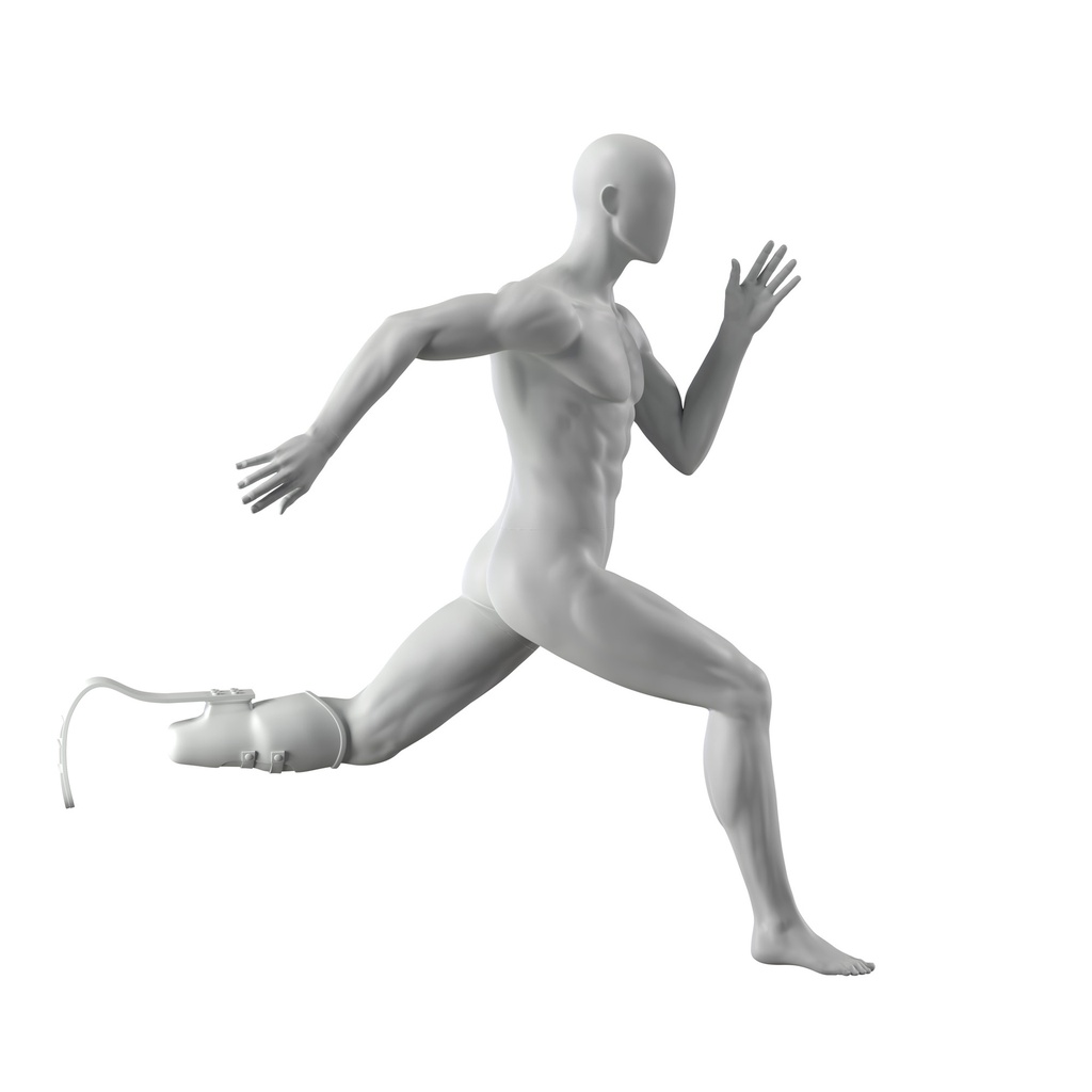 BINK - Running Schaufensterpuppe Herr mit Prothese bein, grau, abstrakter Kopf, stehende Pose 405