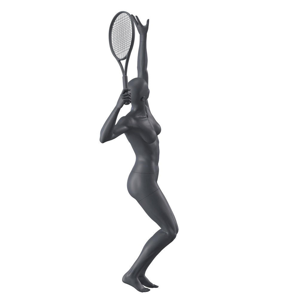 BINK - Mannequin sportif de tennis et de padel, femme, gris graphite, tête abstraite, pose debout 50