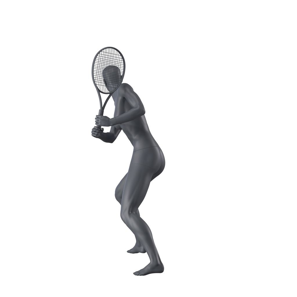 Tennis sport dames mannequin, grafiet grijs, gestilleerd hoofd, staande pose 53