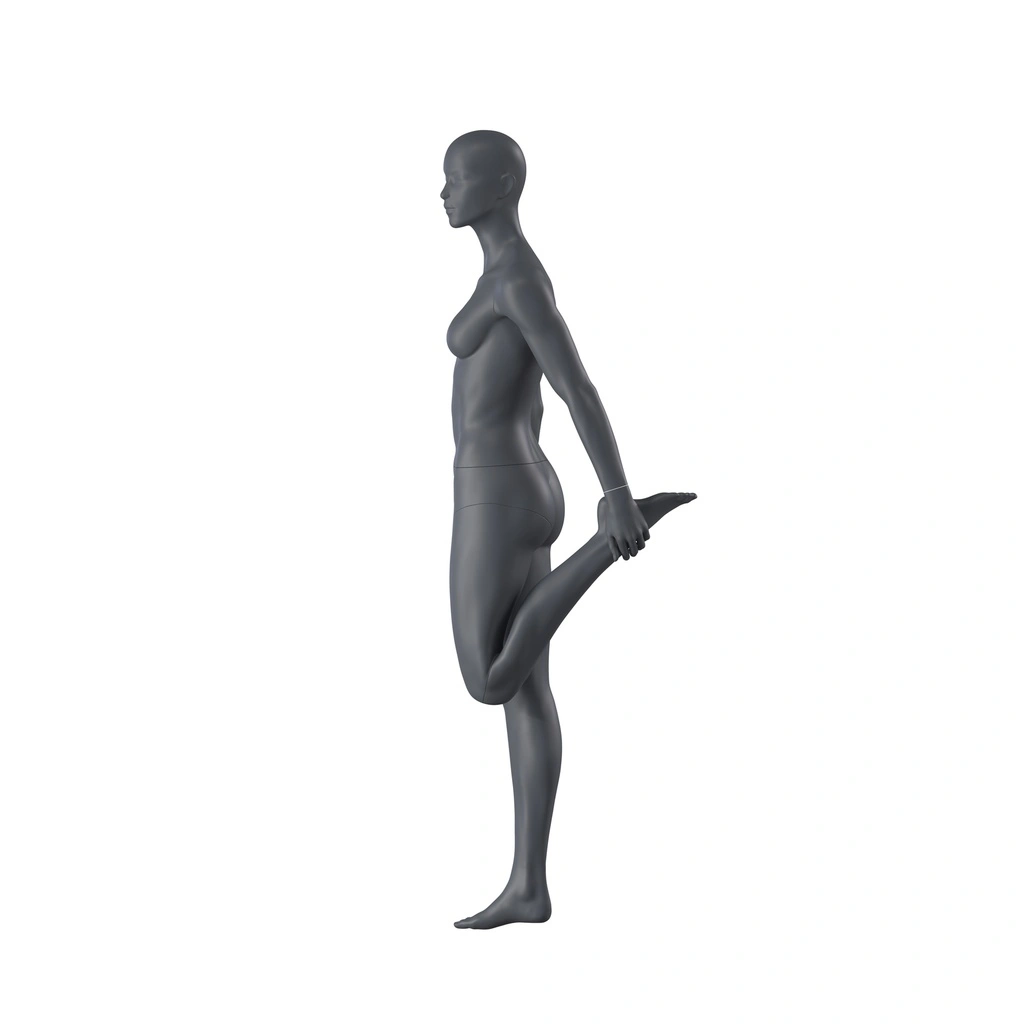 BINK - Maniquí de deporte yoga, mujer, gris grafito, cabeza estilizada, postura de pie 03