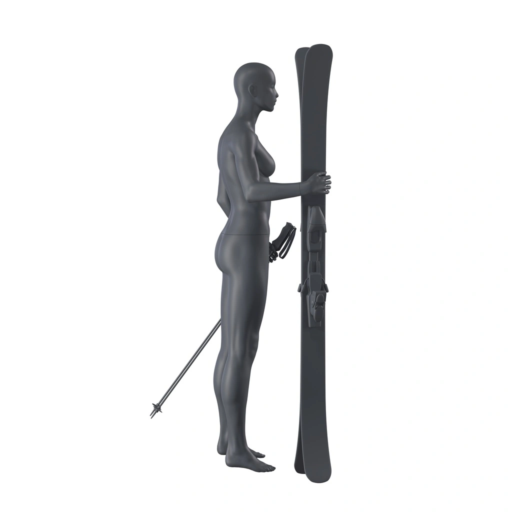 BINK - Mannequin sportif de ski, femme, gris graphite, tête abstraite, pose debout 10