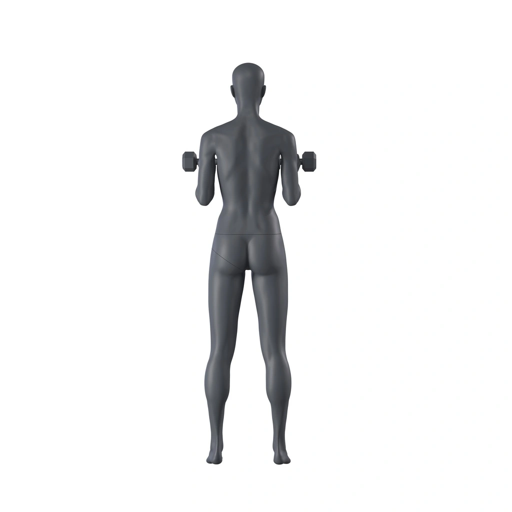 BINK - Mannequin sportif de fitness kettlebell, femme, gris graphite, tête abstraite, pose debout 12