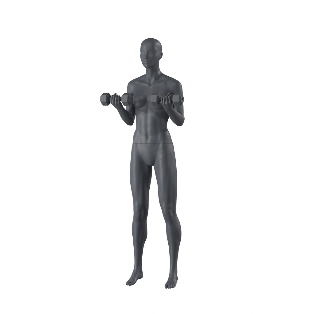 BINK - Mannequin sportif de fitness kettlebell, femme, gris graphite, tête abstraite, pose debout 12