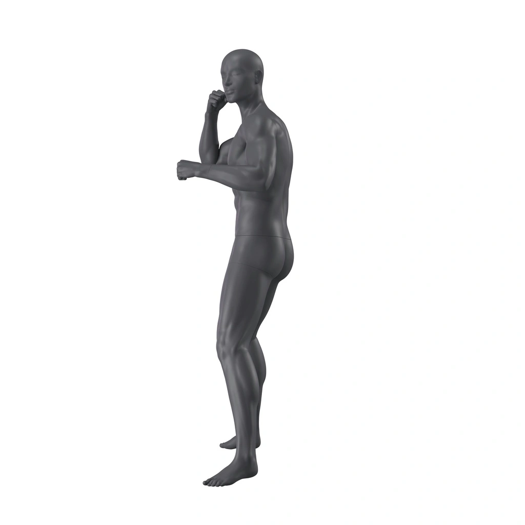 Sport heren mannequin, grijs, abstract hoofd, staande pose 363