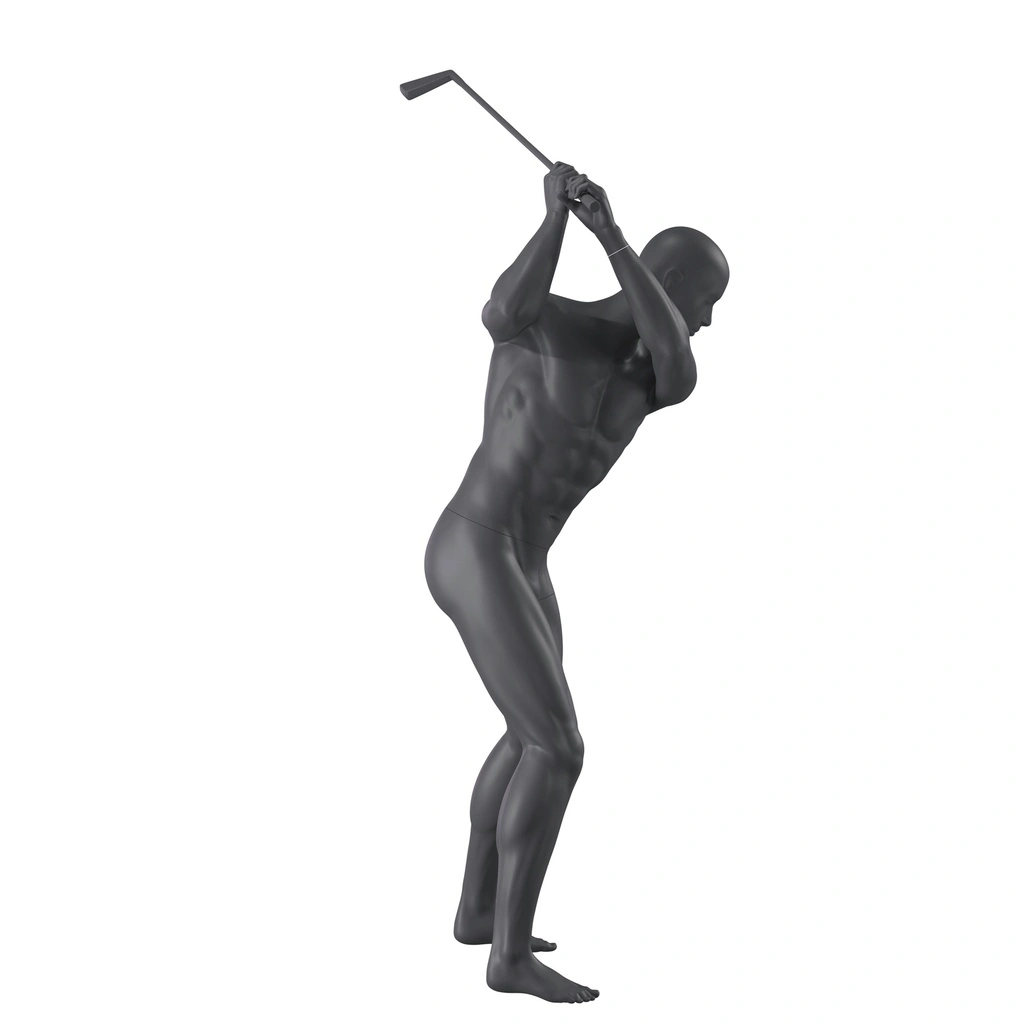 BINK - Mannequin homme de sport golf, gris graphite, tête stylisée, pose debout 343