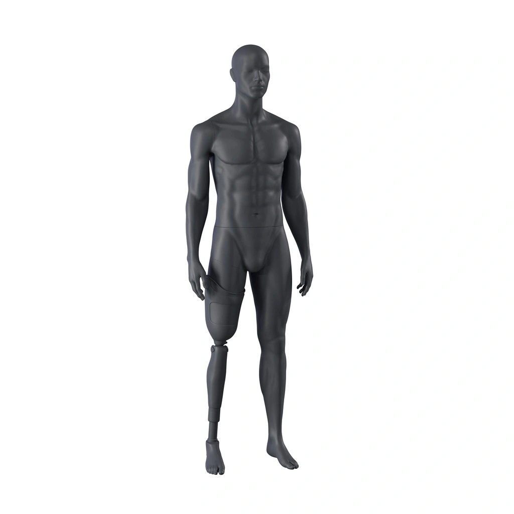 Sport heren mannequin met prothesebeen, grafiet grijs, gestilleerd hoofd, staande pose 401