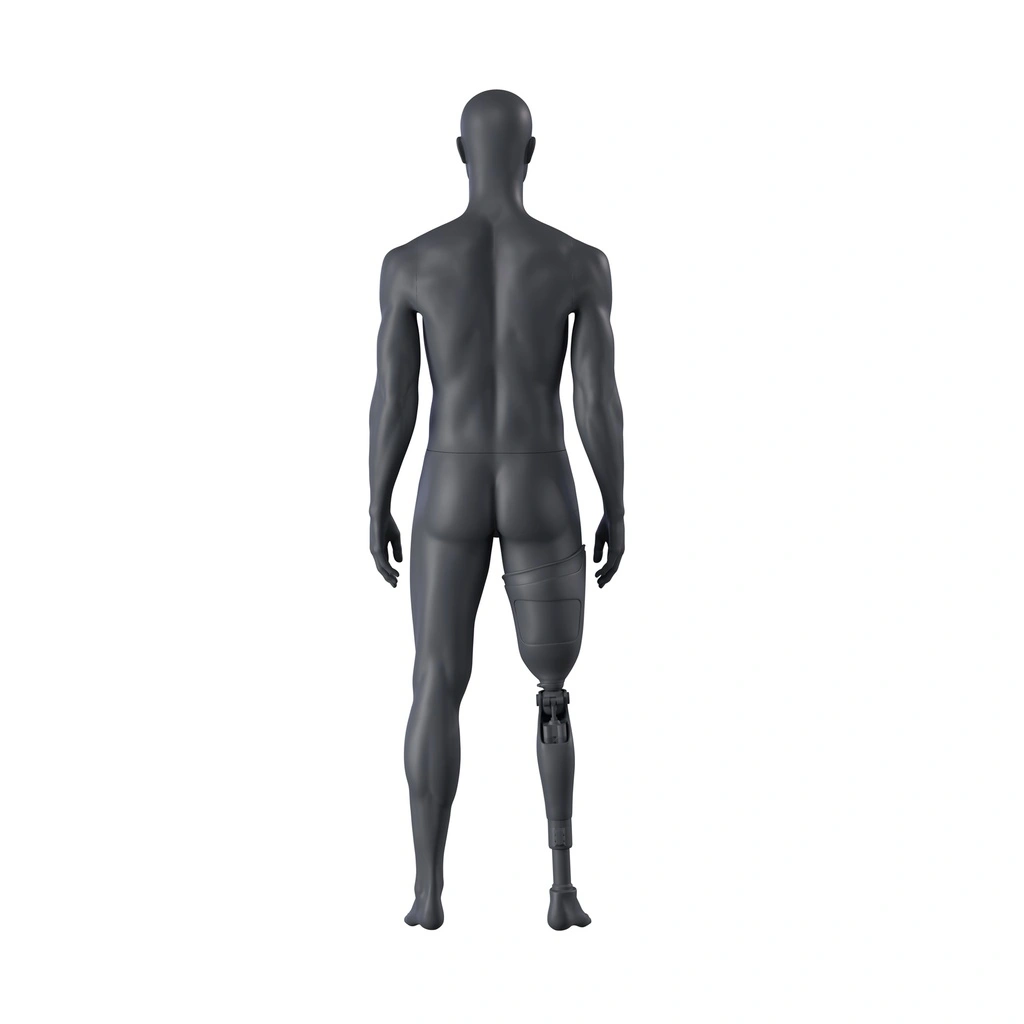 Sport heren mannequin met prothesebeen, grafiet grijs, gestilleerd hoofd, staande pose 401