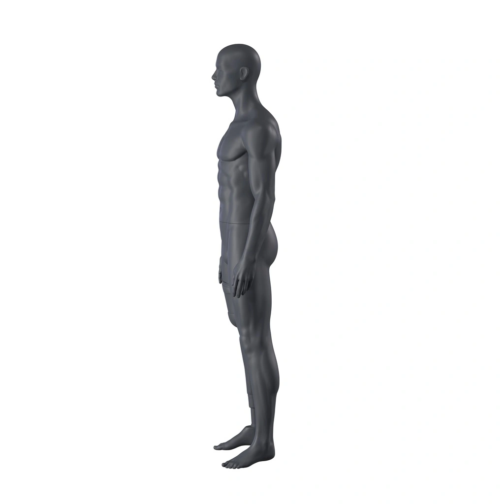 Sport heren mannequin met prothesebeen, grafiet grijs, gestilleerd hoofd, staande pose 401