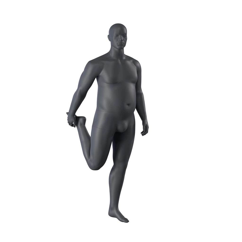 BINK - Stretching plus size sport mannequin, male, graphite grey, stylised head, standing pose 350 