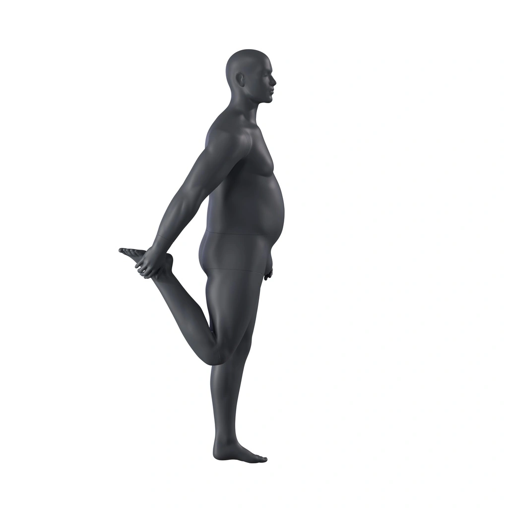 BINK - Stretching plus size sport mannequin, male, graphite grey, stylised head, standing pose 350 