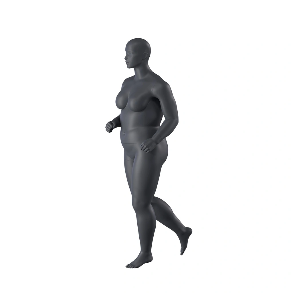 BINK - Vollschlanke laufende Sport-Damen-Schaufensterpuppe, graphitgrau, stilisierter Kopf, stehende Pose 36