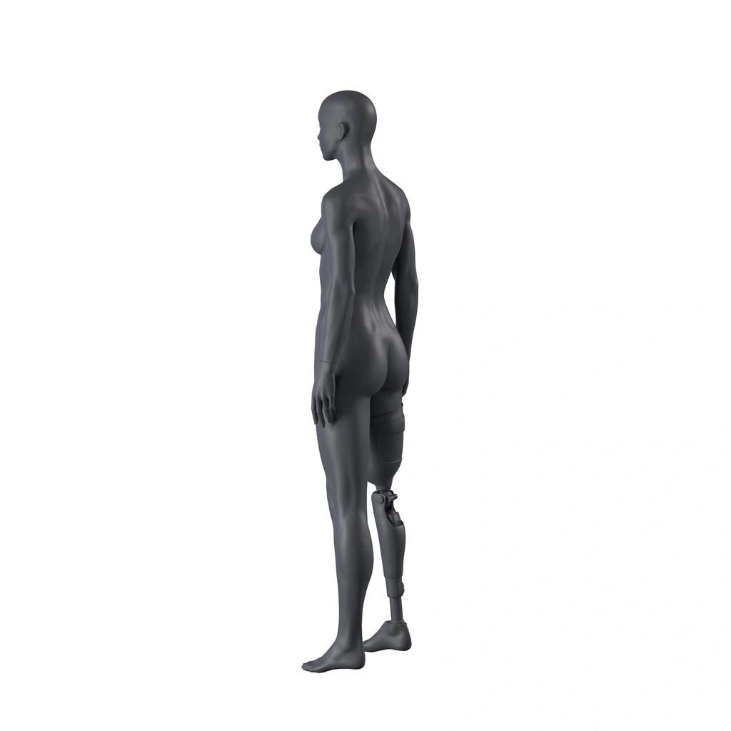 BINK - Sport Schaufensterpuppe Dame mit Prothesenbein, graphitgrau, stillierten Kopf, stehende Pose 101
