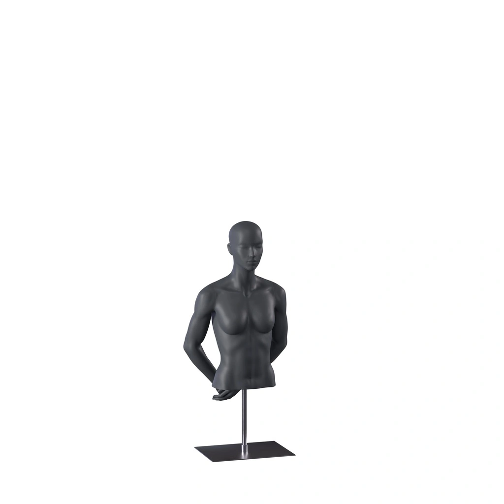 BINK - Busto de maniquí deportivo mujer sin piernas, gris grafito, gris, base de metal, cabeza estilizada, postura 252
