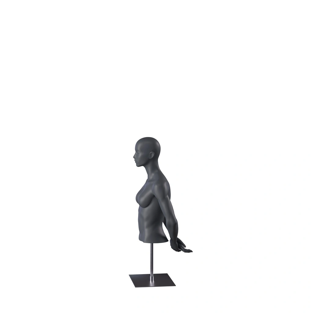 BINK - Busto de maniquí deportivo mujer sin piernas, gris grafito, gris, base de metal, cabeza estilizada, postura 252
