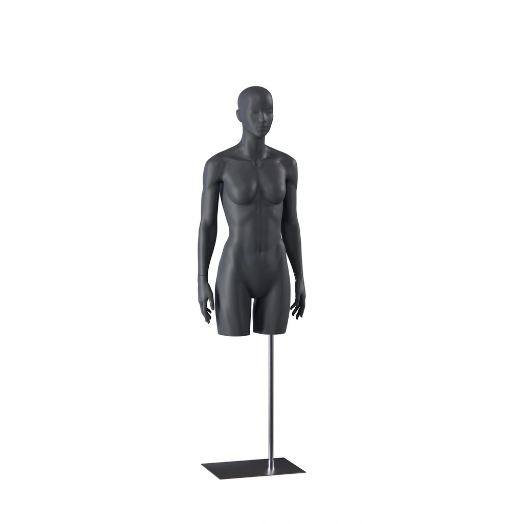 BINK - Sport damestorso met benen, grafiet grijs, metalen sokkel, gestilleerd hoofd, pose 201