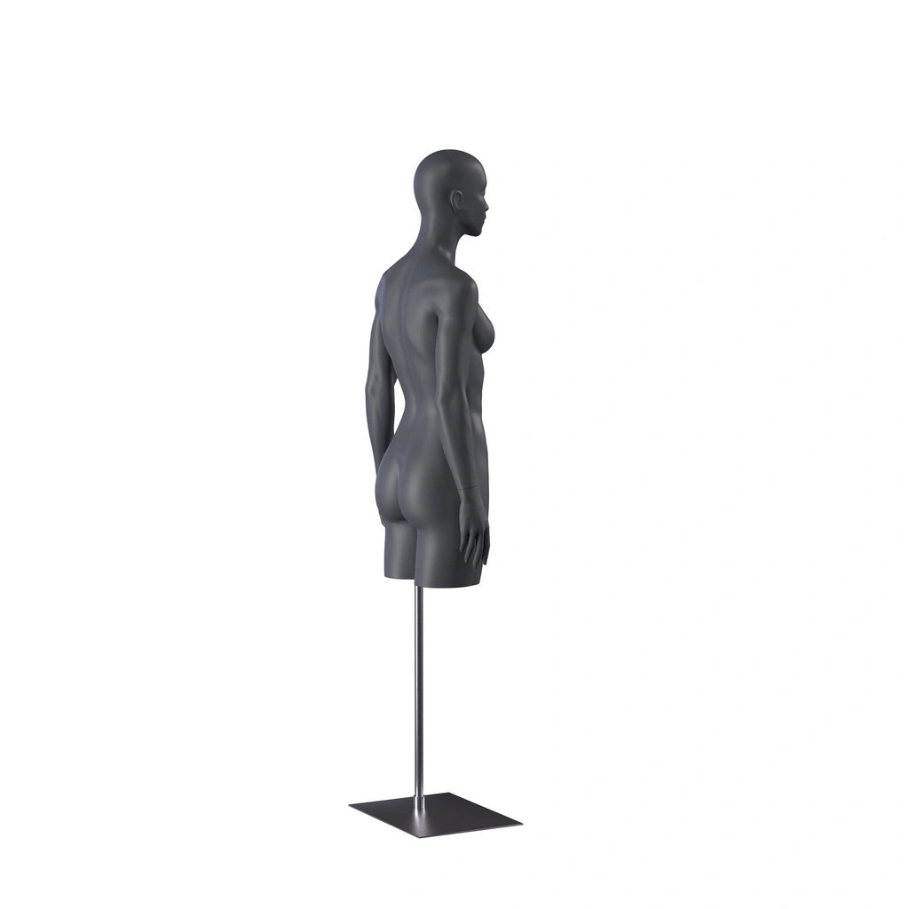 BINK - Sport damestorso met benen, grafiet grijs, metalen sokkel, gestilleerd hoofd, pose 201