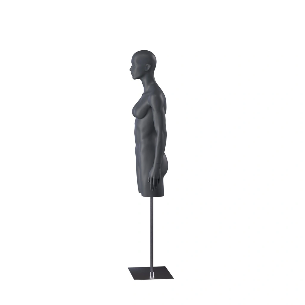BINK - Sport damestorso met benen, grafiet grijs, metalen sokkel, gestilleerd hoofd, pose 201