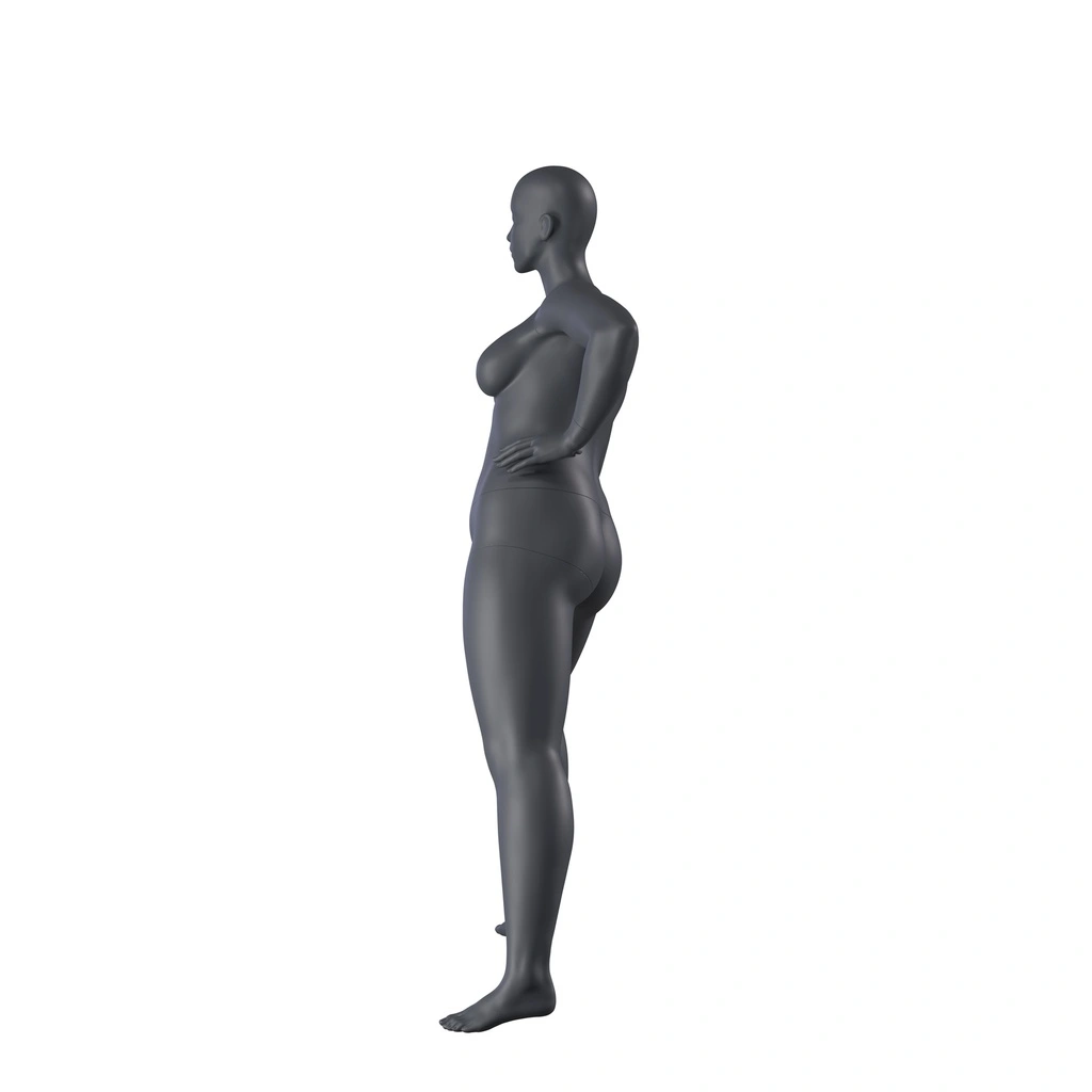 BINK - Mannequin sportif d'étirement grande taille, femme, gris graphite, tête abstraite, pose debout 31