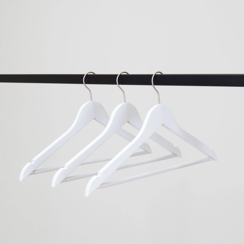 BINK - White clothes hanger with anti-slip trouser bar for adult clothes, lotus wood, white matt finish, 44 cm, matt hook - box of 100 pcs