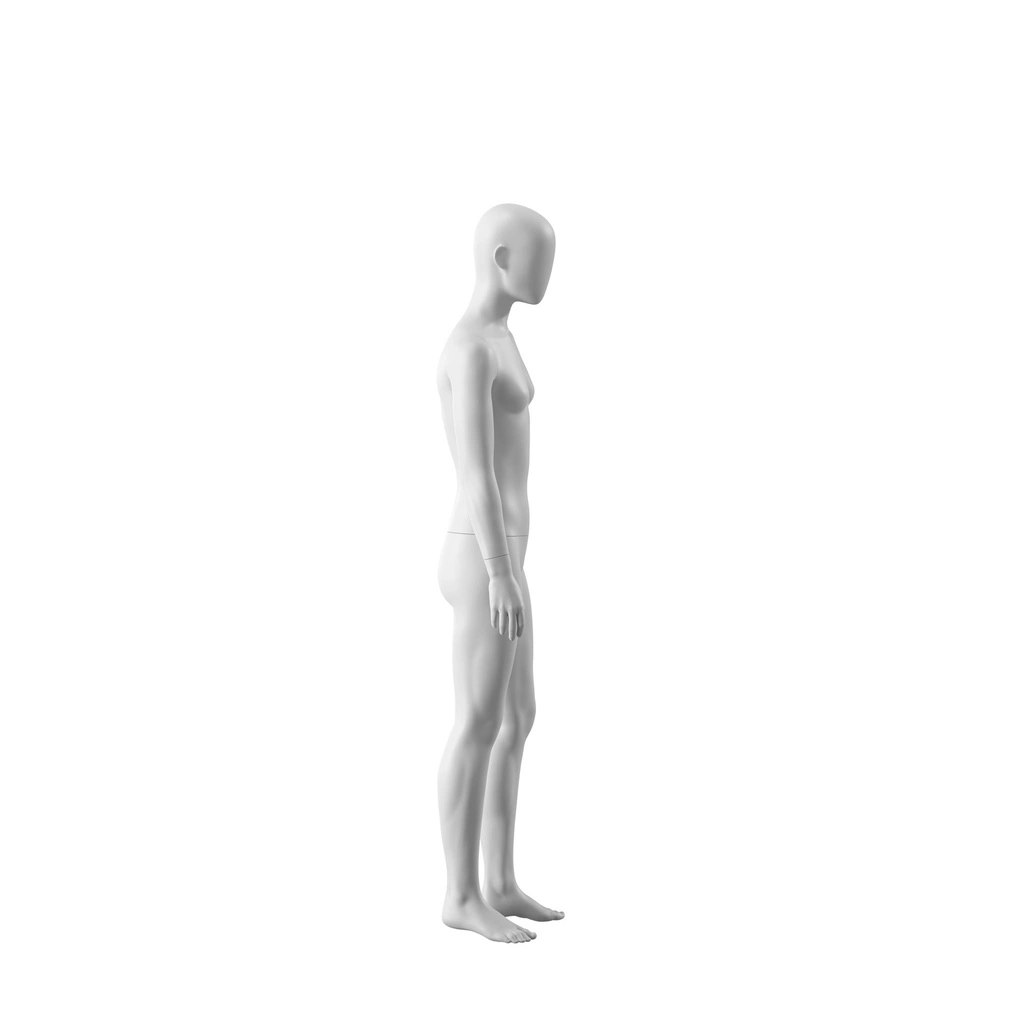 Witte abstracte kinderetalagepop, met abstract hoofd,  meisje van14 jaar, wit, pose CM314