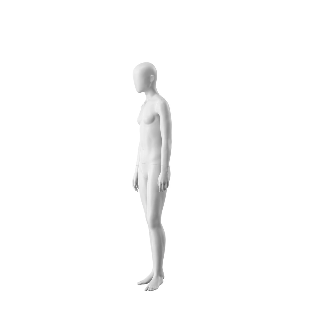 Witte abstracte kinderetalagepop, met abstract hoofd,  meisje van14 jaar, wit, pose CM314