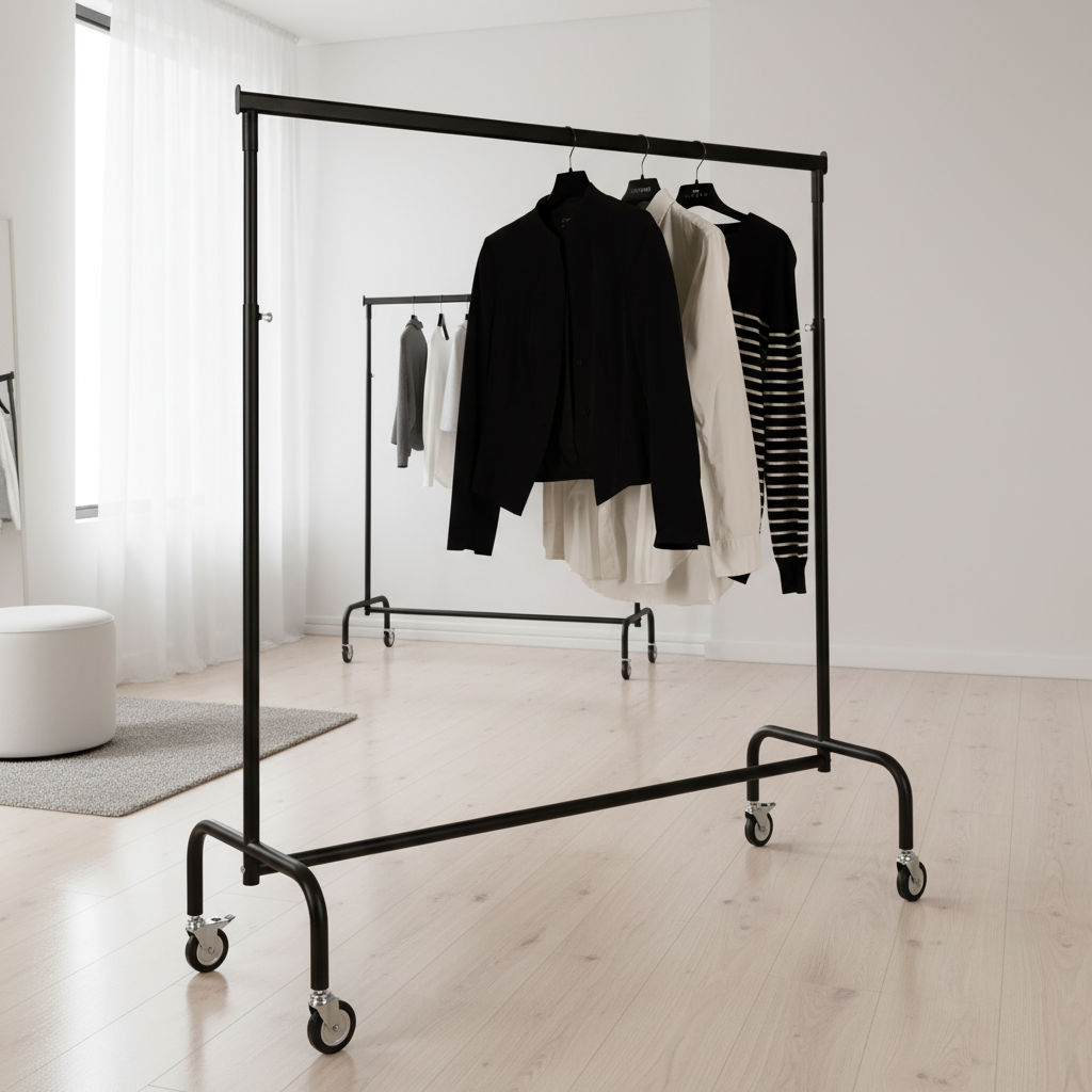 BINK - Kleiderständer auf Rollen, 140cm, höhenverstellbar, schwarze Pulverbeschichtung