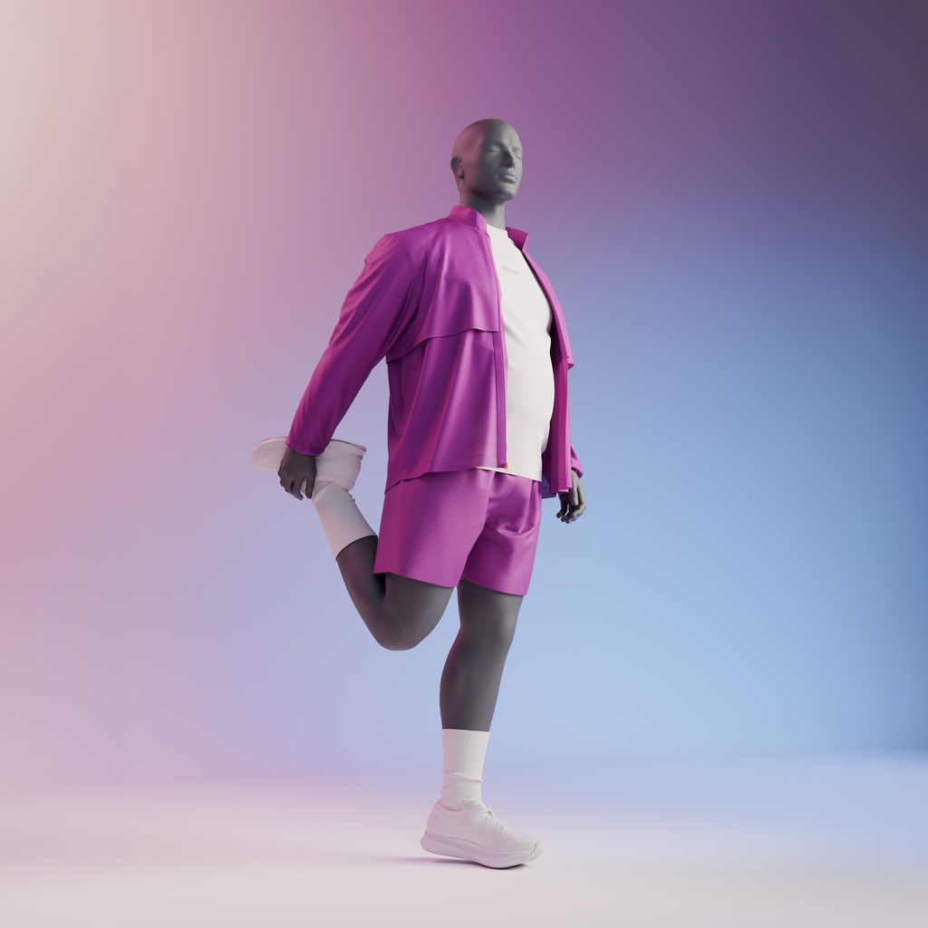 BINK - Stretching plus size sport mannequin, male, graphite grey, stylised head, standing pose 350 