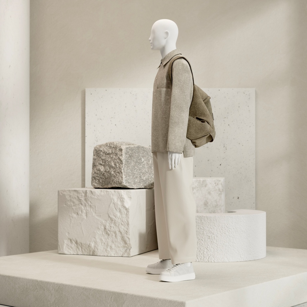 Heren etalage mannequin, met semi abstract hoofd, glazen ronde voetplaat, soft clay mat, pose 103
