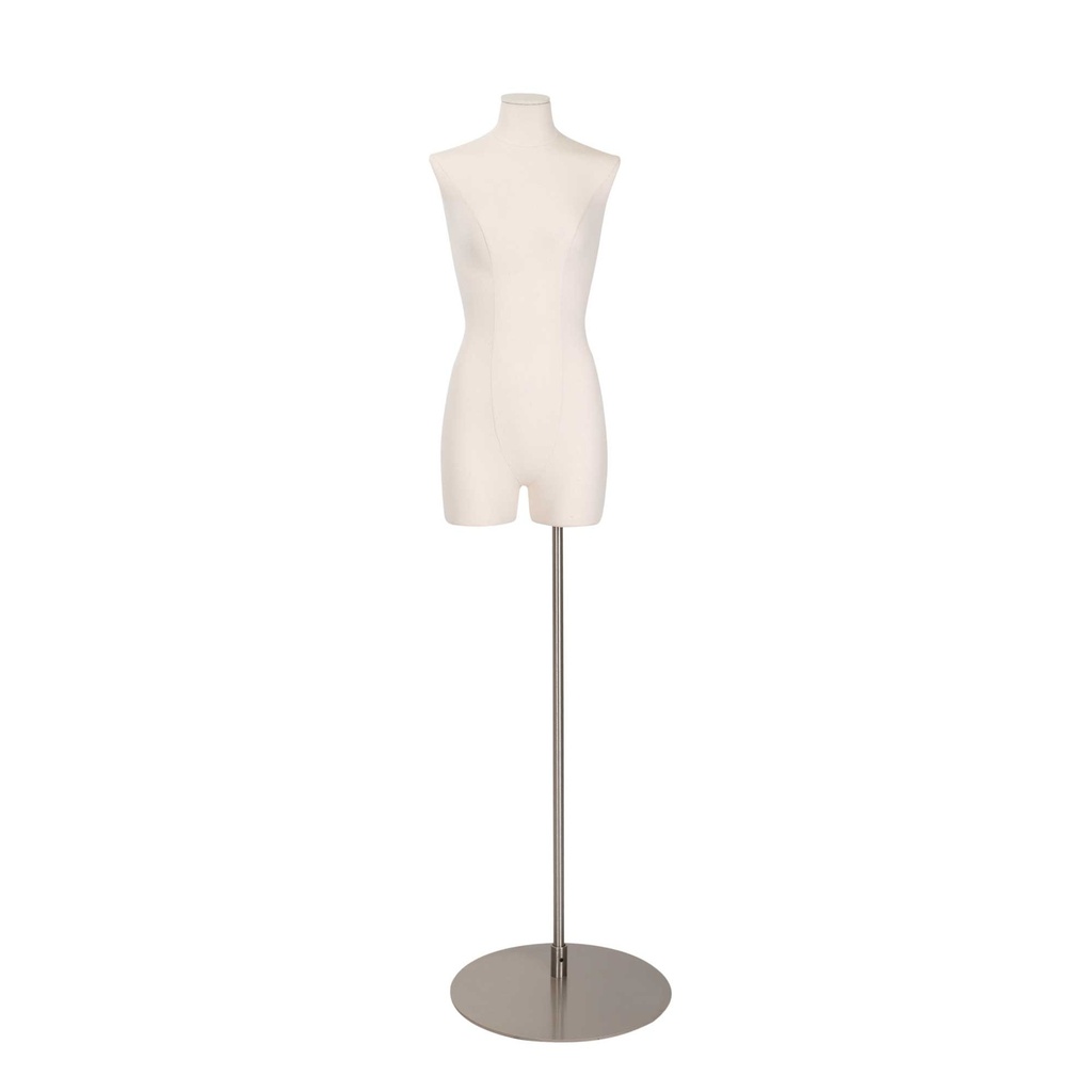 BINK - Female dressform cut at half thigh, EU36, ecru, wooden arms, round bust stand in brushed RVS