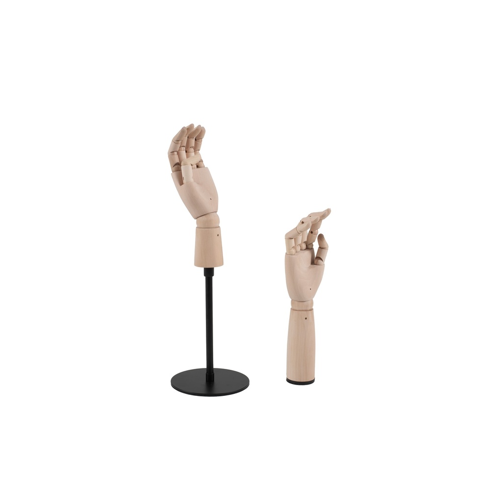 BINK - Duo de mains masculines de présentation : main droite autoportante avec base ronde, main gauche avec base et support vertical réglable.