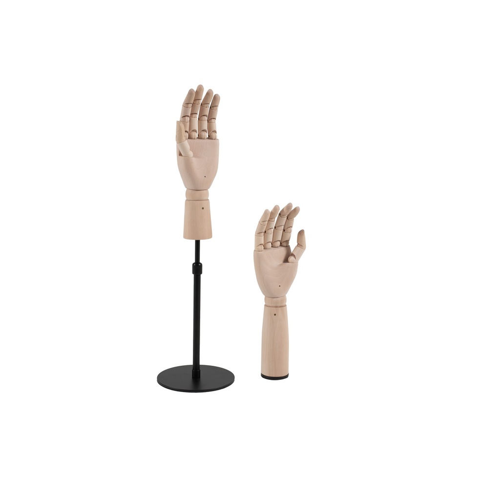 BINK - Duo de mains masculines de présentation : main droite autoportante avec base ronde, main gauche avec base et support vertical réglable.