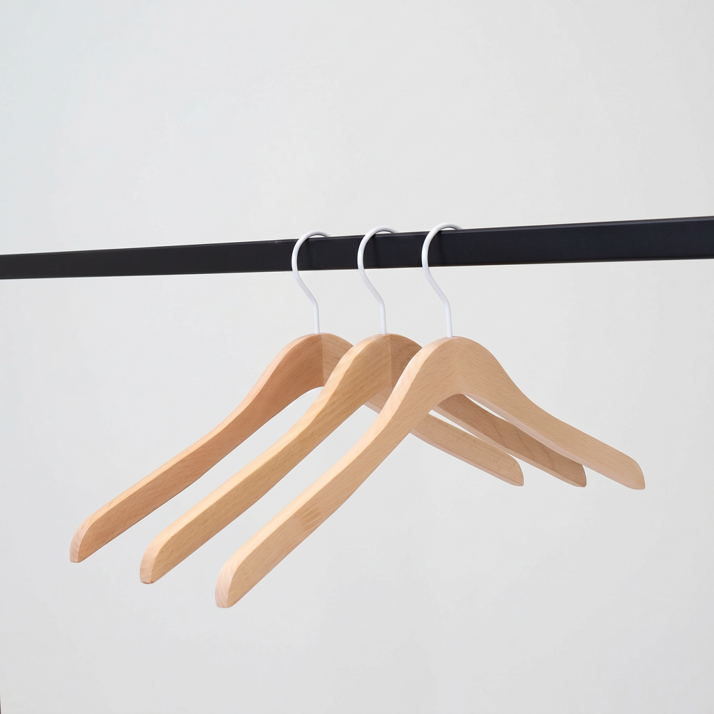 BINK - Kleiderbügel aus Buchenholz für Damen- und Herrenkleidung, 44 cm Breite, weißer Haken – 50 Stück pro Karton