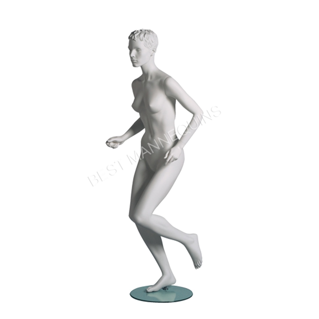 Maniquí femenino de escaparate, cabello esculpido, todo deporte