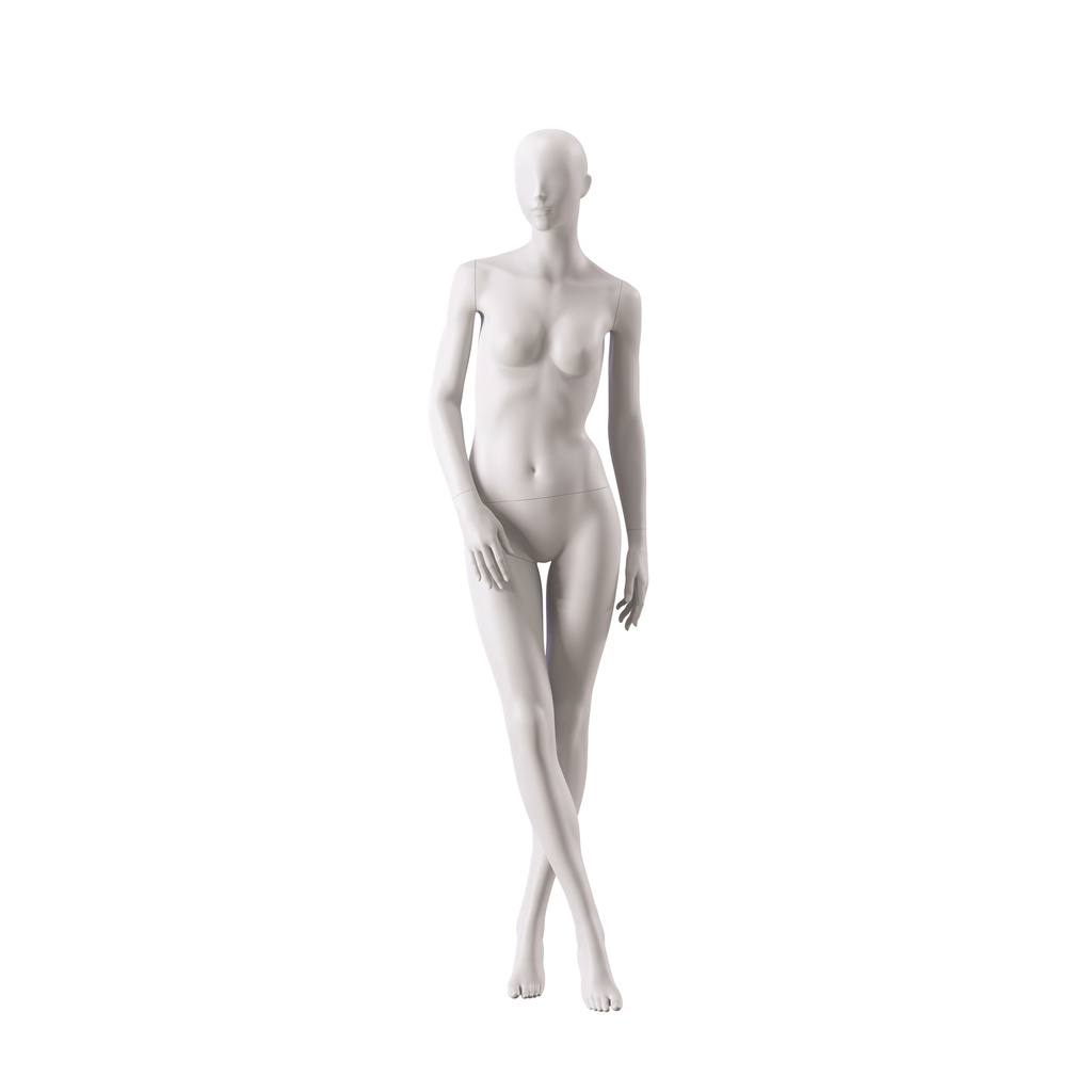 BINK - Dames etalage mannequin, met semi abstract hoofd, glazen ronde voetplaat, soft clay mat, pose 001