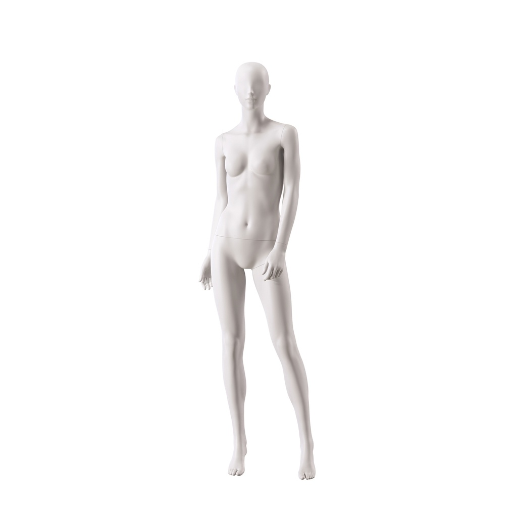 BINK - Maniquí básico de mujer para escaparate, cabeza semiabstracta, base redonda de vidrio templado, arcilla blanda mate, postura 003