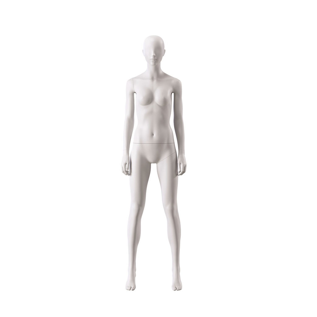 BINK - Dames etalage mannequin, met semi abstract hoofd, glazen ronde voetplaat, soft clay mat, pose 005