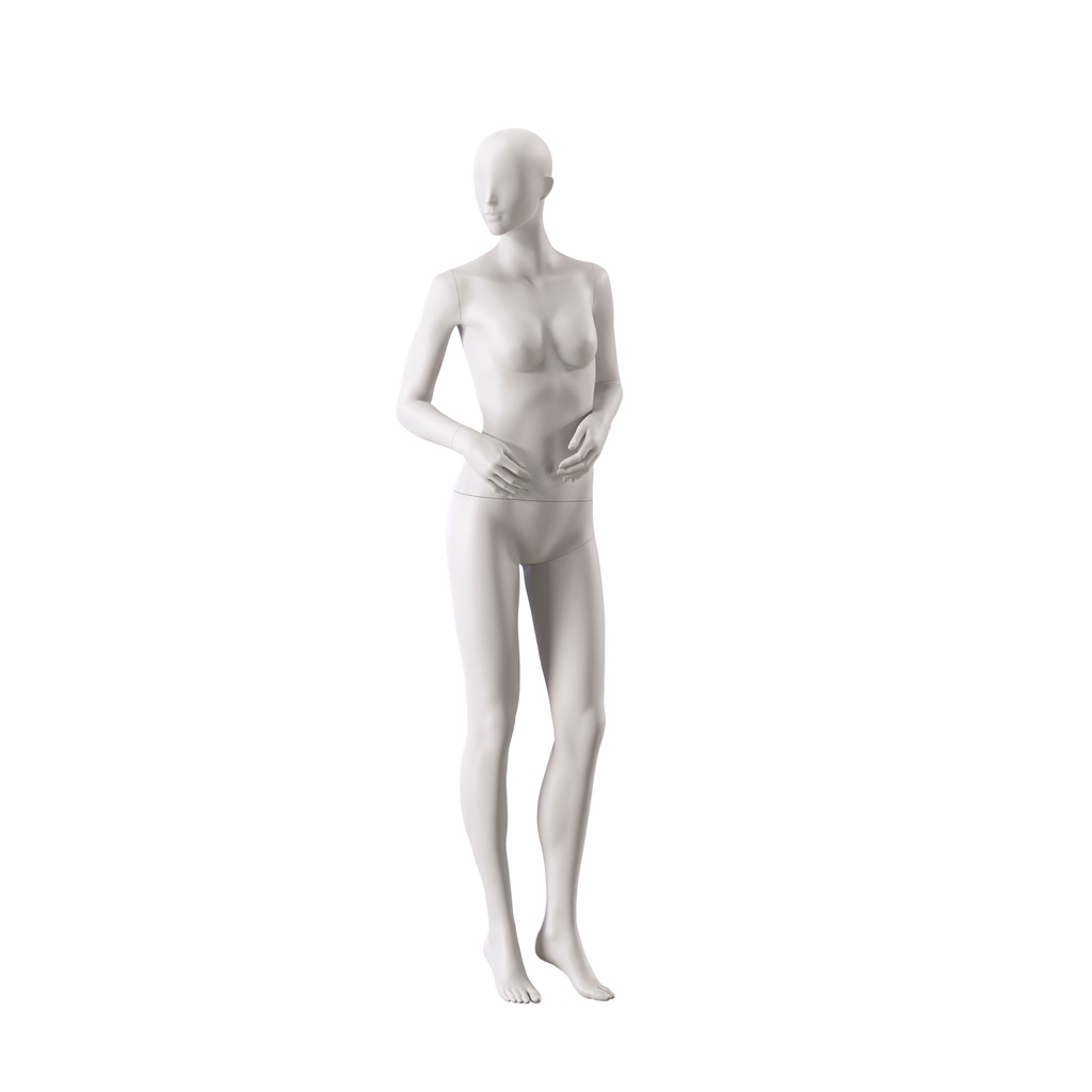 BINK - Damen Schaufensterpuppe, mit semi-abstraktem Kopf, runde Glasplatte, soft clay matt, Pose 006