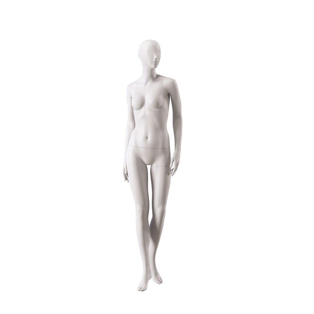 BINK - Maniquí básico de mujer para escaparate, cabeza semiabstracta, base redonda de vidrio templado, arcilla blanda mate, postura 012