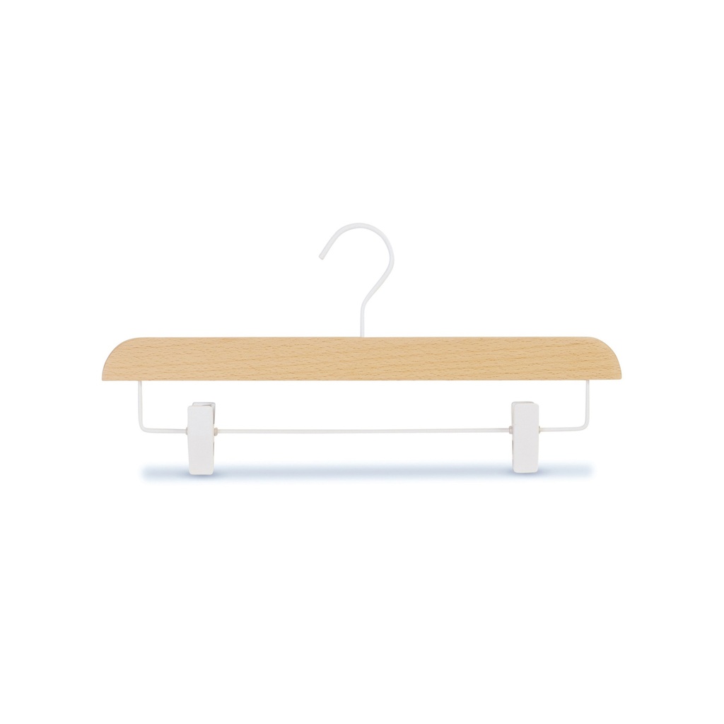 BINK - Cintre en bois de hêtre avec pinces, vernis transparant mat, 36 cm, crochet blanc - carton de 50 pcs