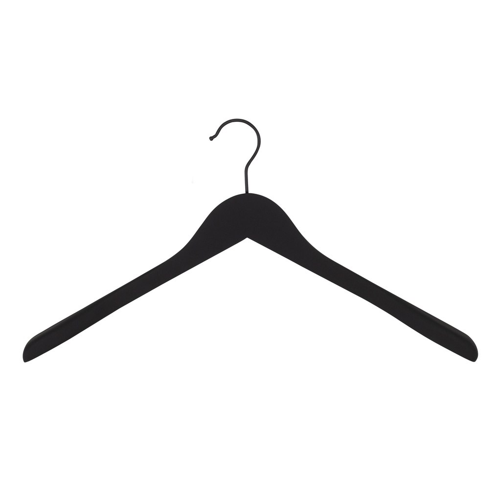 BINK - Percha negra de tacto suave para blazer, 3 cm de ancho de hombros, 44 cm de ancho, gancho negro - caja de 50 unidades.