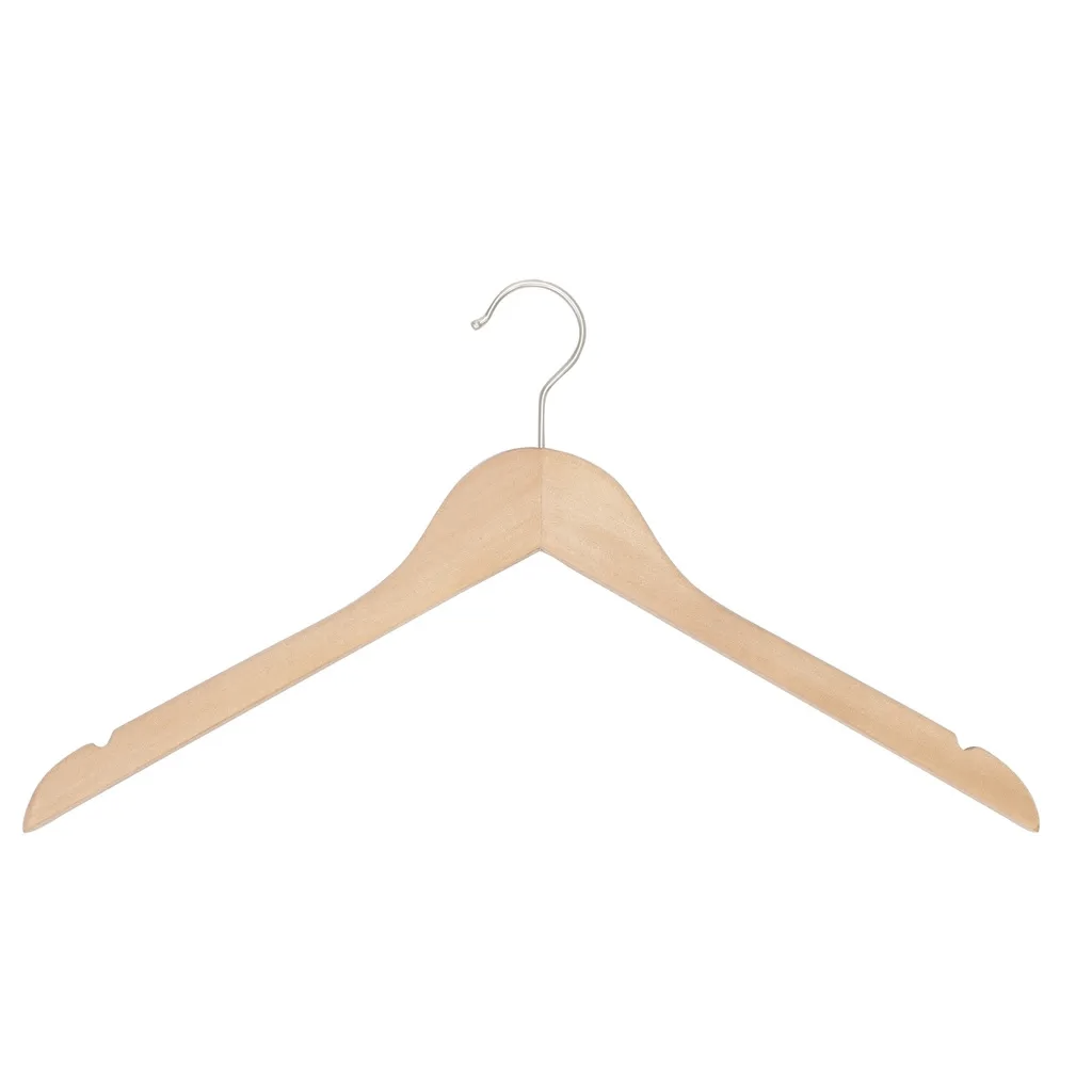 BINK - Percha de madera de loto con acabado natural barnizado para ropa de mujeres y hombres, 44 cm de ancho, gancho mate - caja de 100 unidades.